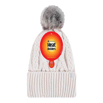 Ladies Knitted Turnover Cuffed Pom Pom Beanie Hat with Bobble