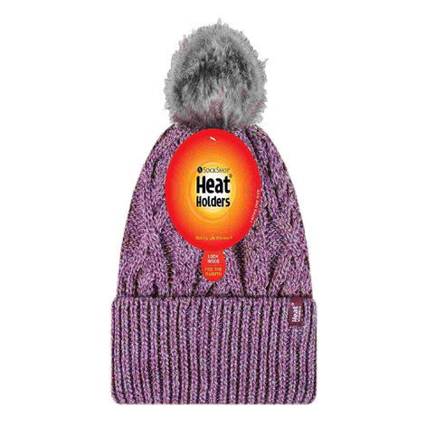 Ladies Knitted Turnover Cuffed Pom Pom Beanie Hat with Bobble