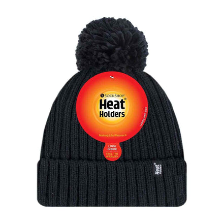 Ladies Ribbed Cuffed Thermal Insulated Winter Pom Pom Bobble Hat