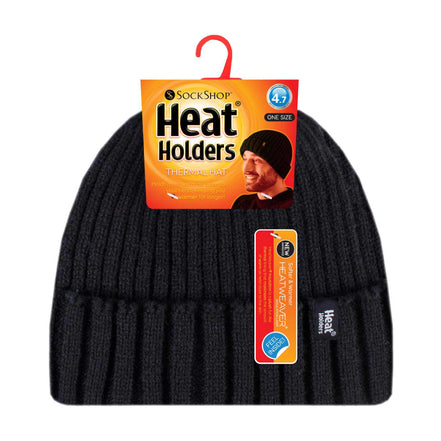 Mens Ribbed Knit Fleece Lined Turn Over Cuff Thermal Beanie Hat