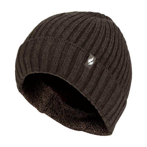 Mens Ribbed Knit Fleece Lined Turn Over Cuff Thermal Beanie Hat