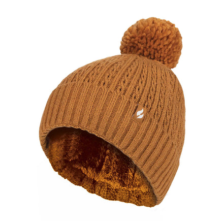 Ladies Winter Ribbed Thermal Cable Knit Beanie Pom Pom Hat