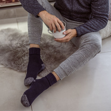 Mens Turnover Thermal Fleece Lined Bed Socks with Non Slip Grips