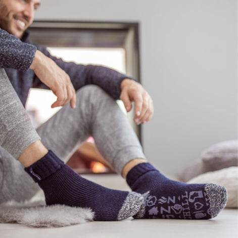 Mens Turnover Thermal Fleece Lined Bed Socks with Non Slip Grips