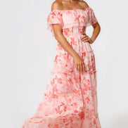 Pink Floral Bardot Tiered Maxi Dress