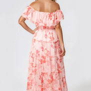 Pink Floral Bardot Tiered Maxi Dress