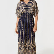 Navy Shirred Kimono Maxi Dress