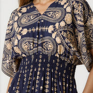 Navy Shirred Kimono Maxi Dress