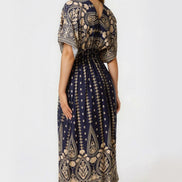 Navy Shirred Kimono Maxi Dress