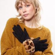 Louche Cadhla Faux Suede And Fur Cuffed Touch Screen Gloves - Black