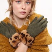 Louche Cadhla Faux Suede And Fur Cuffed Touch Screen Gloves - Green