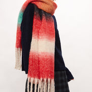 Louche Ciara Cosy Fluffy Striped Tassel Scarf - Red