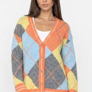 Orange Argyle Wool‑Blend Knit Cardigan