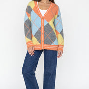 Orange Argyle Wool‑Blend Knit Cardigan
