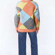 Orange Argyle Wool‑Blend Knit Cardigan