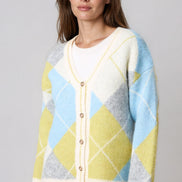 Lime Argyle Wool‑Blend Knit Cardigan