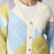 Lime Argyle Wool‑Blend Knit Cardigan