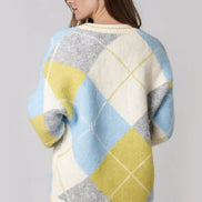 Lime Argyle Wool‑Blend Knit Cardigan