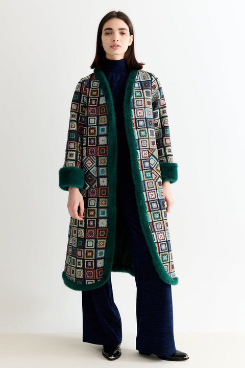Delphia 70'S Patch Jacquard Fur Trim Coat - Multicoloured