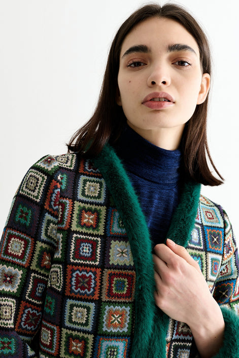 Delphia 70'S Patch Jacquard Fur Trim Coat - Multicoloured