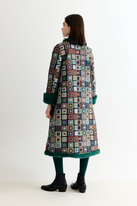 Delphia 70'S Patch Jacquard Fur Trim Coat - Multicoloured