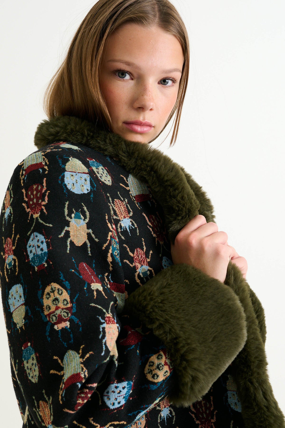 Delphia Beetlejuice Jacquard Fur Trim Coat – Multicoloured