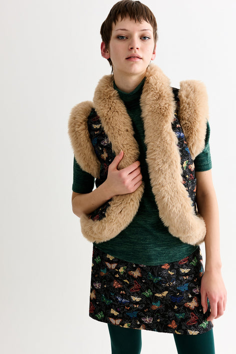 Dominica Butterfly Ball Jacquard Faux Fur Trimmed Waistcoat - Multicoloured