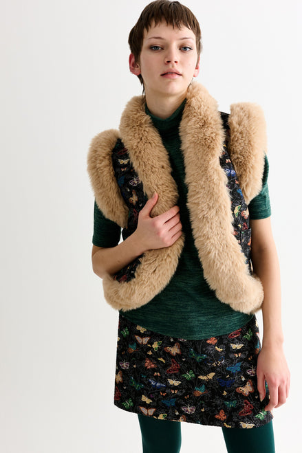 Dominica Butterfly Ball Jacquard Faux Fur Trimmed Waistcoat - Multicoloured