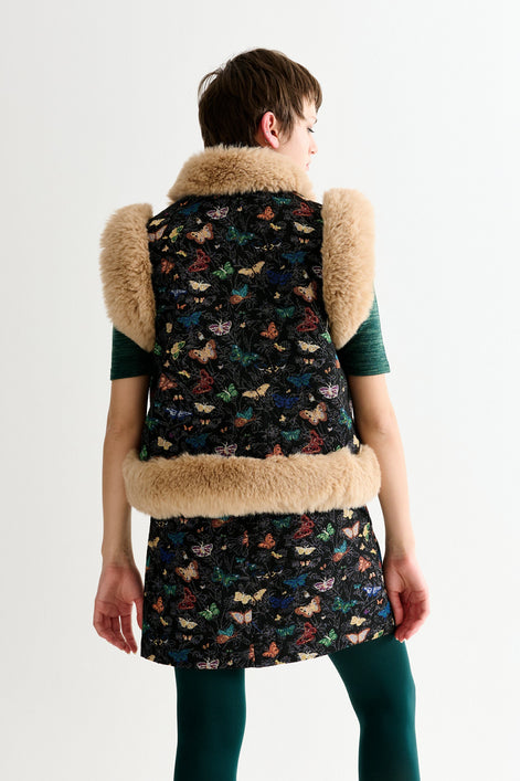 Dominica Butterfly Ball Jacquard Faux Fur Trimmed Waistcoat - Multicoloured