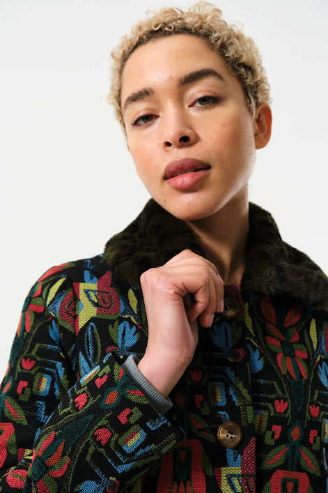 Dryden Folk Jacquard Fur Collared Coat