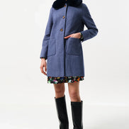 Dryden Herringbone Fur Collared Coat - Blue