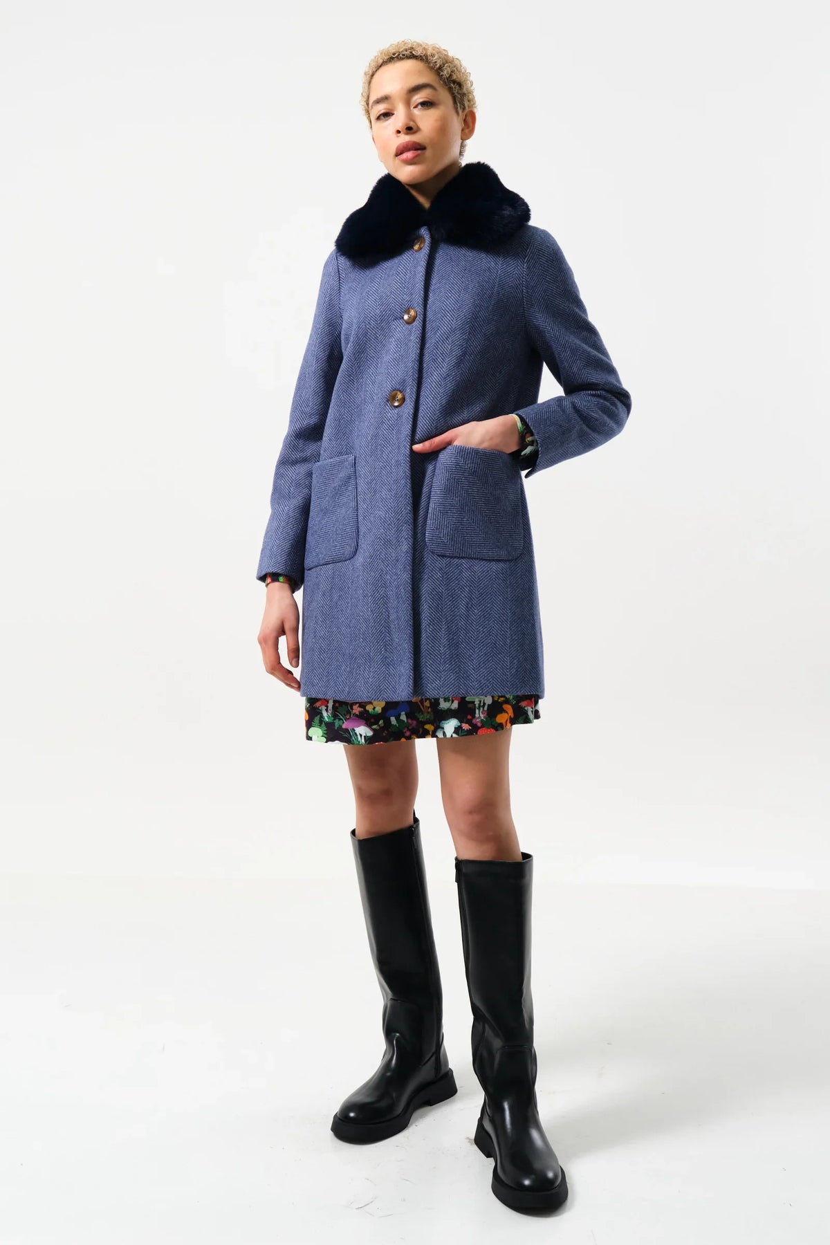 Dryden Herringbone Fur Collared Coat - Blue