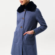 Dryden Herringbone Fur Collared Coat - Blue