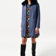 Dryden Herringbone Fur Collared Coat - Blue