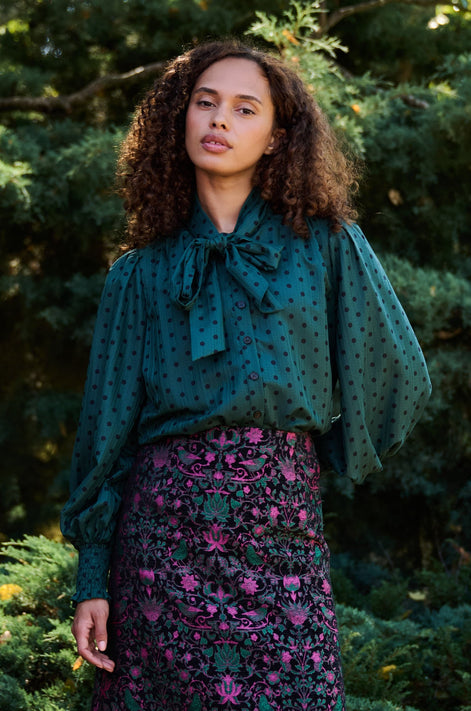 Aditi Spot Tie Neck Blouse - Forest Green