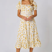 Yellow Floral Cotton Midi Dress