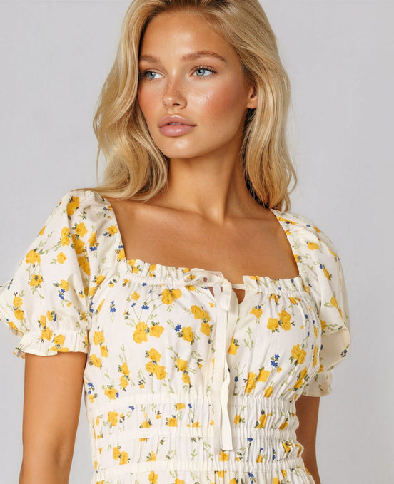 Yellow Floral Cotton Midi Dress