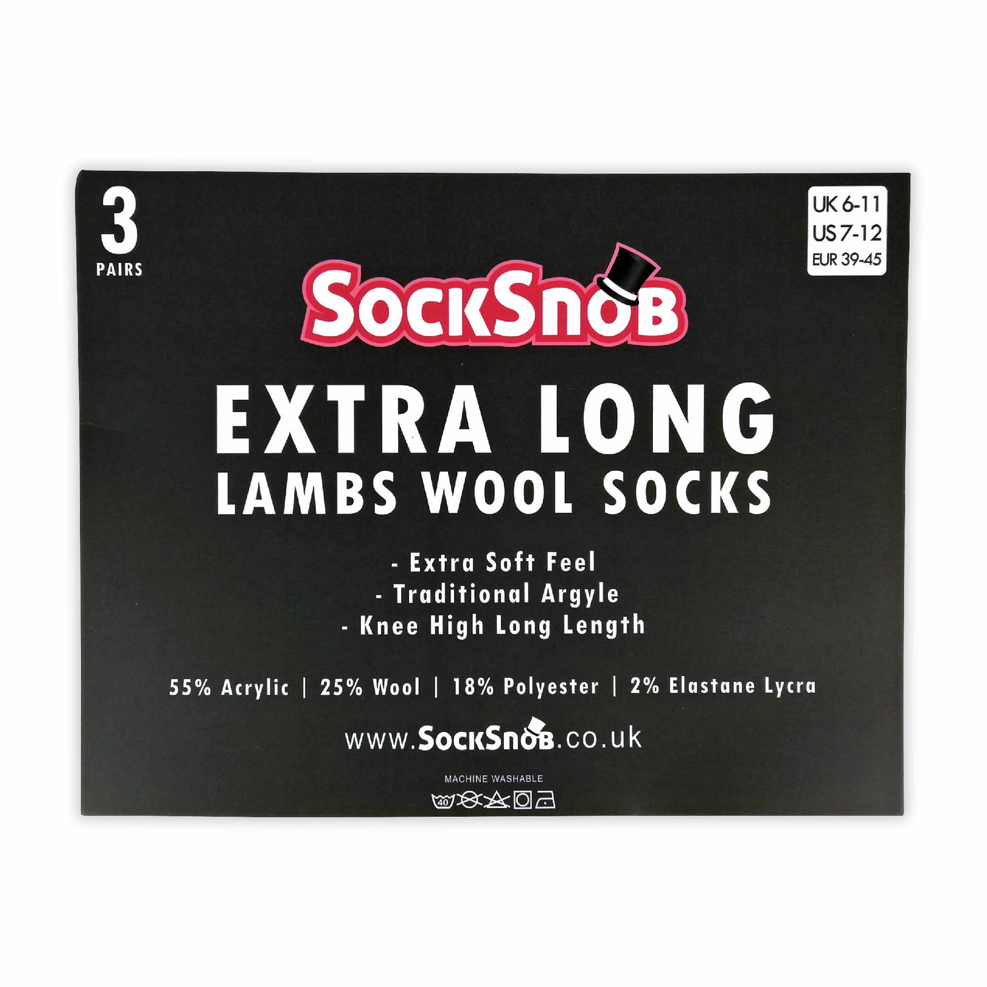 3 Pack Men's Extra Long Knee High Argyle Lambs Wool Socks