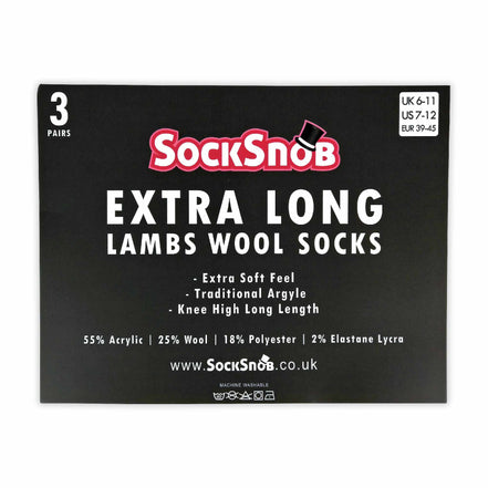 3 Pack Men's Extra Long Knee High Argyle Lambs Wool Socks