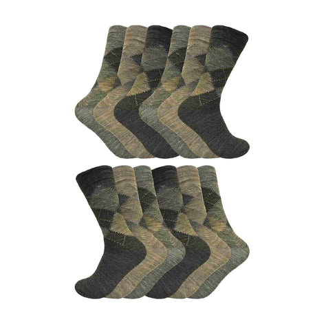 12 Pair Mens Soft Lambswool Honeycomb Top Argyle Patterned Socks