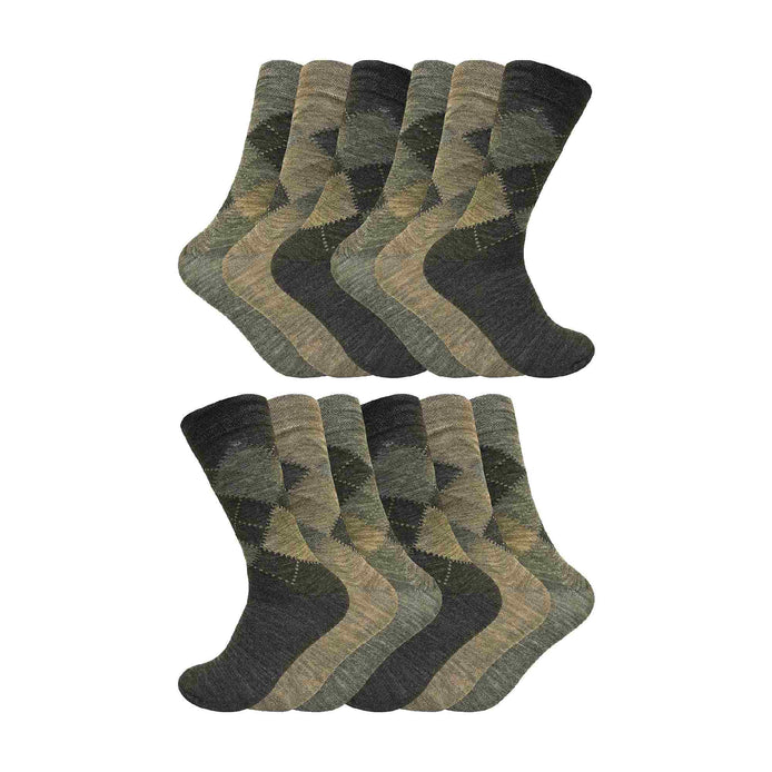 12 Pair Mens Soft Lambswool Honeycomb Top Argyle Patterned Socks