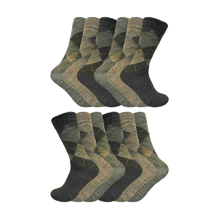 12 Pair Mens Soft Lambswool Honeycomb Top Argyle Patterned Socks