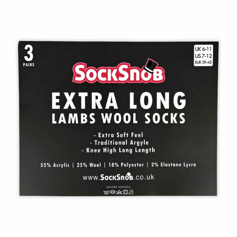 3 Pack Men's Extra Long Knee High Argyle Lambs Wool Socks