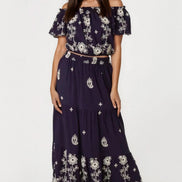 Navy Flower Embroidered Bardot Top & Maxi Skirt Co‑Ord Set