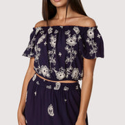 Navy Flower Embroidered Bardot Top & Maxi Skirt Co‑Ord Set