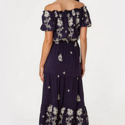 Navy Flower Embroidered Bardot Top & Maxi Skirt Co‑Ord Set