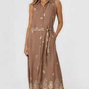 Brown Embroidered Buttoned Front Maxi Dress