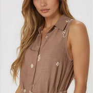 Brown Embroidered Buttoned Front Maxi Dress