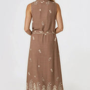 Brown Embroidered Buttoned Front Maxi Dress