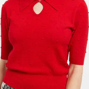 Louche Josephina Raindrops Textured Short Sleeve Collared Sweater Red